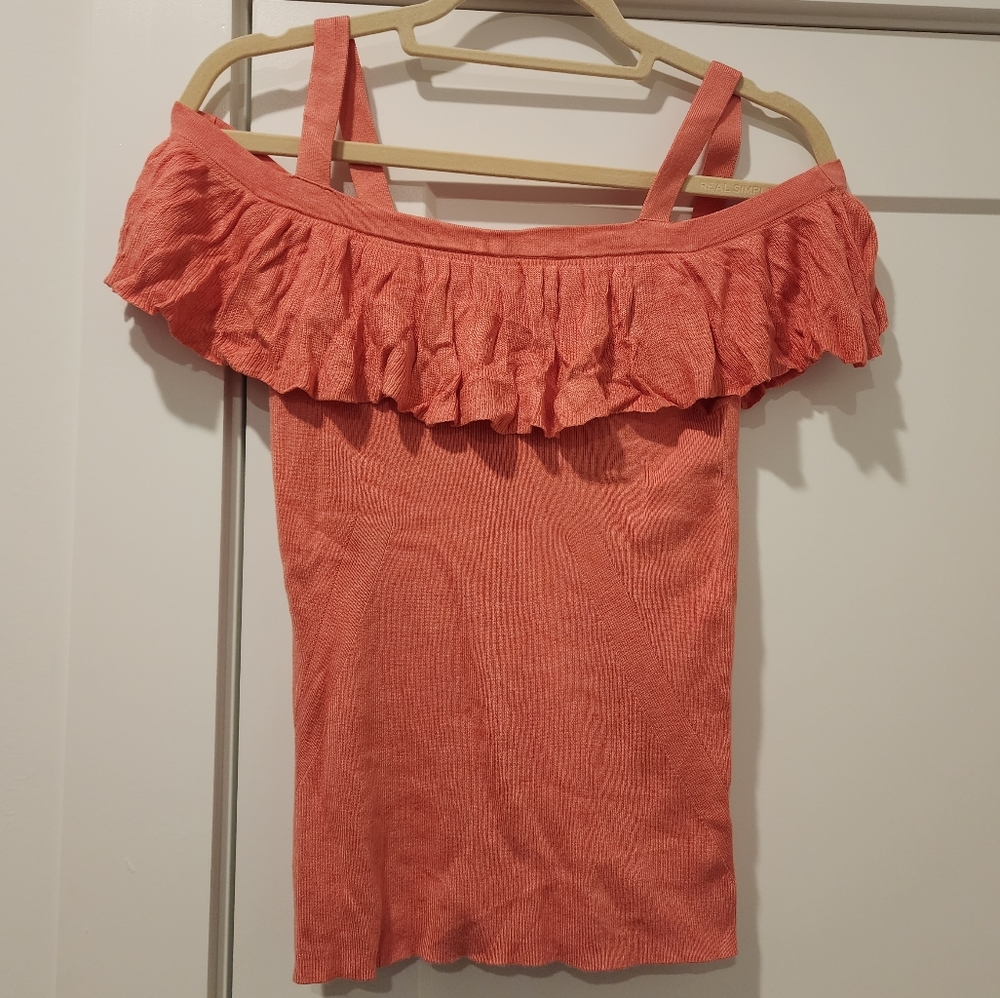 EUC Express Knit Stretchy Tank Top with Ruffles Off Shoulders 4-way Coral Color